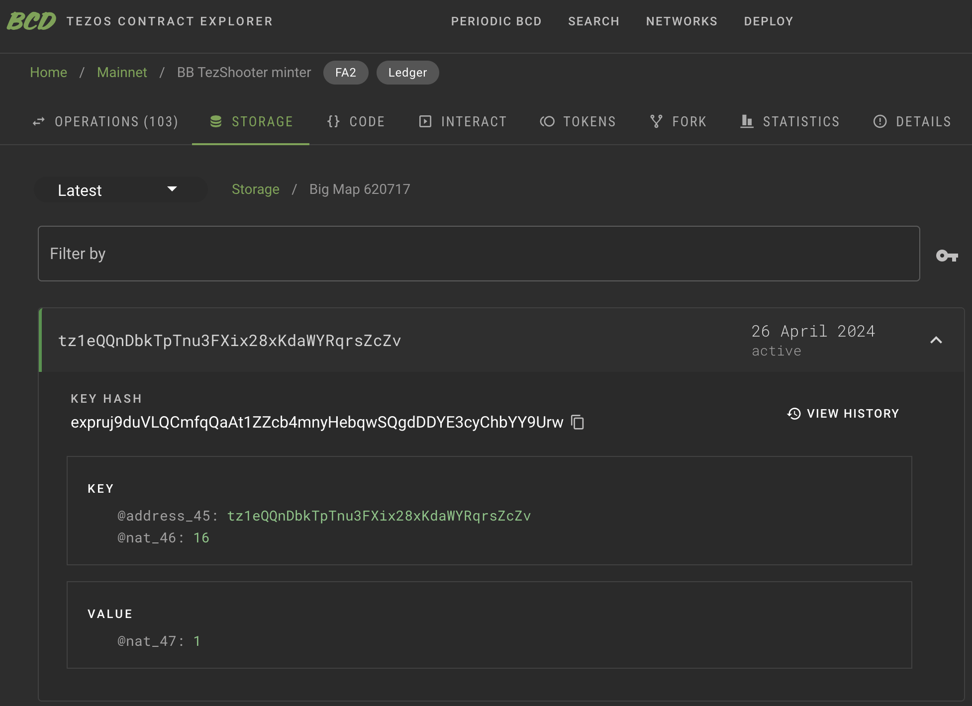 The contract ledger on Better Call Dev, showing one entry